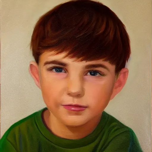 Image similar to beautiful oil painting of a boy with short side part light brown hair and brown eyes