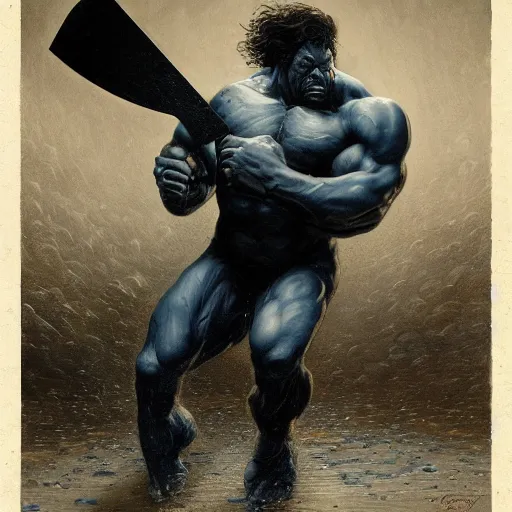 Image similar to artstation concept a midnight blue hulk jolding a meat cleaver, dusty, hyperdetailed, artstation trending, world renowned artists, worth 1 0 0 0. com, historic artworks society, antique renewel, cgsociety, by greg rutkowski, by gustave dore, deviantart