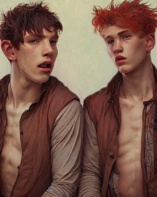 Image similar to portrait of 1 9 - year - old male twins with red hair and freckles, two male, wearing shirts, hyper realistic face, beautiful eyes, fantasy art, in the style of greg rutkowski, intricate, alphonse mucha, hyper detailed, smooth