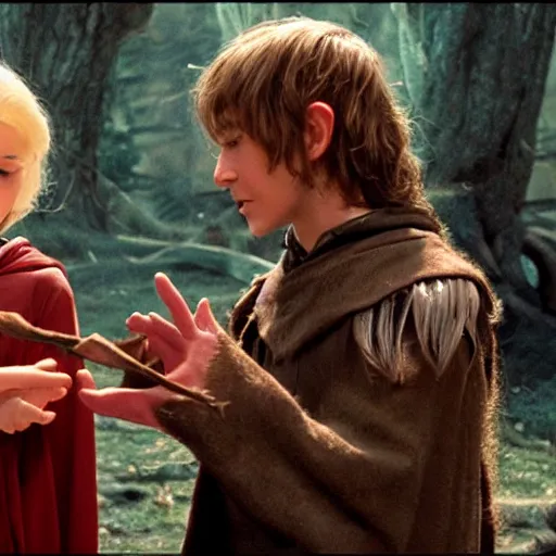 Prompt: a young wizard casting the charm person spell on a wood elf, frame from the dungeons and dragons movie