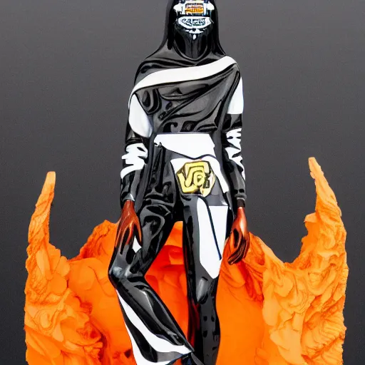 Image similar to black marble statue of a beautiful woman with colorful motocross logos in the style of virgil abloh, very very beautiful, detailed, off white, heron preston, 8 k, 4 k, detailed, beautiful, symmetrical, vogue, editorial, fashion, magazine, museum lighting, museum, gallery