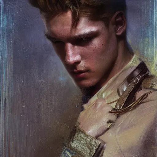 Image similar to handsome portrait of a young guy fitness posing, war hero, cunning, radiant light, caustics, reflective water, by gaston bussiere, bayard wu, greg rutkowski, giger, maxim verehin