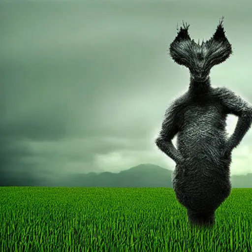 Image similar to A glitchy animal like creature standing in a lush green field, photograph, 2010 photograph, eerie