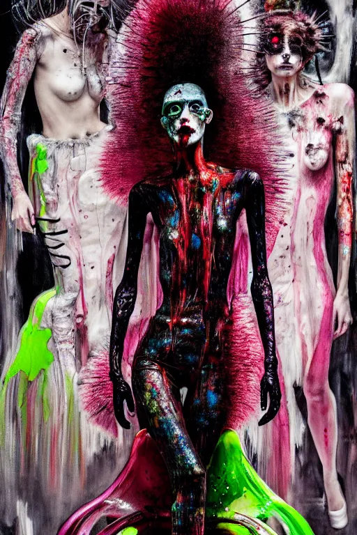 Image similar to crazy fashion catwalk, one model, crazy clothes, biopunk style, horror, clothes look like slime, hauntingly surreal, highly detailed painting by francis bacon, edward hopper, adrian ghenie, gerhard richter, and james jean soft light 4 k,