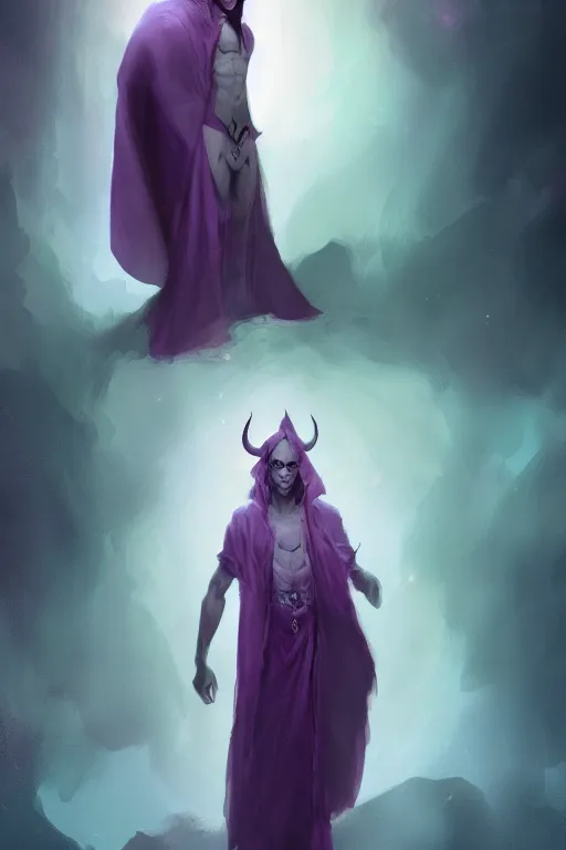 Image similar to djinn man male demon, portrait, full body character, concept art, purple cloak, single face, illustration, white horns from eyebrows, single face, cinematic color grading, editorial photo, fashion, hyperrealism, trending on artstation, Charlie Bowater, WLOP