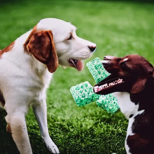 Prompt: dog reaching for a mint in a container while many other people are also reaching for the same mint, closeup, professional photography