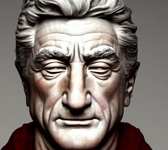 Image similar to a hyper-detailed marble status of Robert DeNiro by Michelangelo; anatomically correct; an extraordinary masterpiece!!!; proud posture; photorealistic eyes; trending on artstation; f/1.4; 90mm