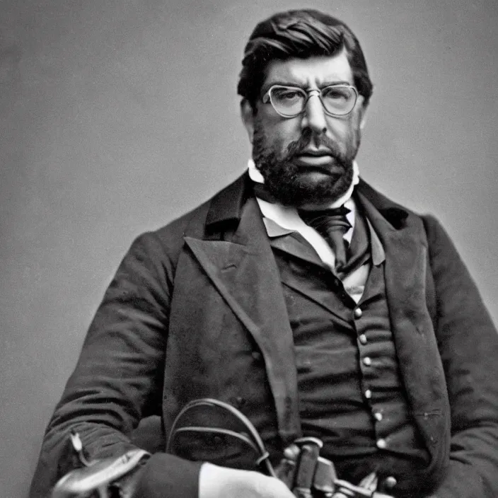 Prompt: hyper realistic and detailed full-lenght portrait photo of Patrick Balkany standing with a revolver, by Félix Nadar, daguerréotype calotype HD 4k