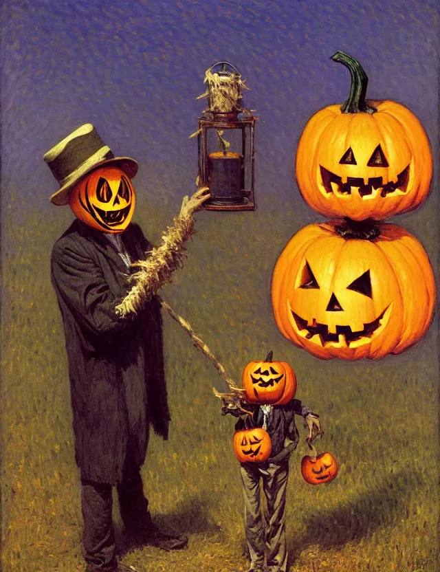 Image similar to a scarecrow with a jack - o - lantern head, holding a lantern, as a matte oil painting and d & d character art, by gustave caillebotte, standing, fullbody, flying bats, loose pages, concept art, award - winning, extremely detailed, sharp focus