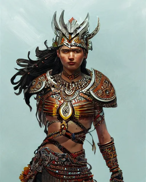 Image similar to ultra realistic stunning aztec warrior, fantasy, intricate, elegant, highly detailed, digital painting, artstation, concept art, smooth, sharp focus, illustration, edge highlights, beautiful light and shadows, art by krenz cushart and greg rutkowski and sachin teng and sergey kolesov and ruan jia and heng z