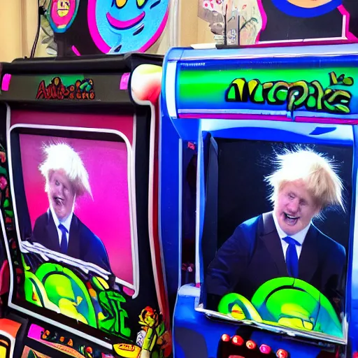 Image similar to an arcade whack a mole game with moles that look like boris johnson,