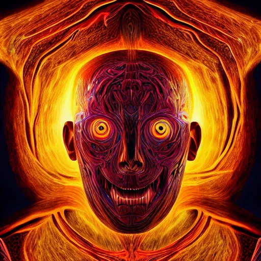 Prompt: dmt entity, realistic skin ripping from his body, hyper realism, nerves flying out in all directions connecting to the four dimensional background. highly detailed, 4 k, symmetry, masterpiece