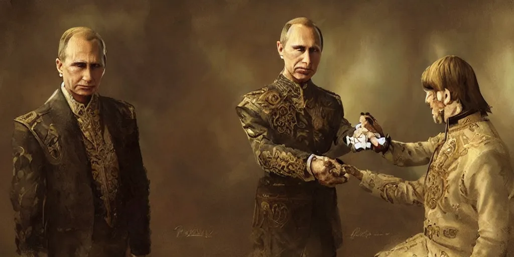 Prompt: picture vladimir putin play with serghei lavrov as a puppet marionete, painting by greg rutkowski