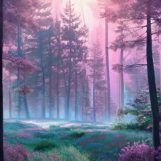 Prompt: solace hermatige cottage peaceful clouds beautiful woods trees pine, nice view, gradient of pink and blue, mystical realistic poster with shaded lighting by craig mallismo, artgerm, jeremy lipkin and michael garmash, unreal engine, radiant light, detailed and complex environment city utopia spirituality sacred geometry with implied lines