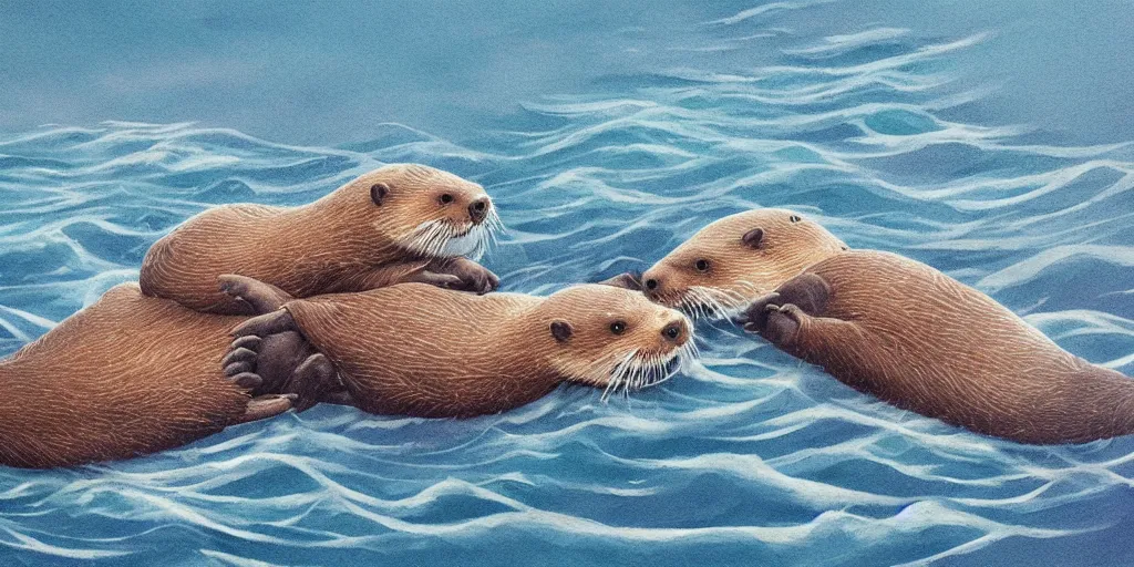 Image similar to otters hold hands while they sleep so nobody will drift away to the sea during the stormy night , fantasy illustration, cinematic, award winning, romantic, detailed trending on art station masterpiece