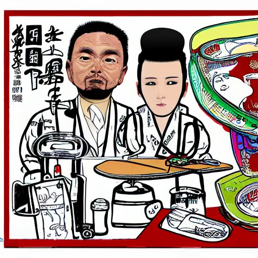 Image similar to chinese surgery operating table, in the style of daniel johnston and outsider art, 8k, line brush, overlaid with chinese adverts