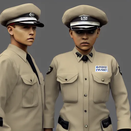 Image similar to ( beige uniform and caps ) ( ( zombie security officers ) ) trending on artstation very realistic proportional accurate high detail 4 k 8 k hd