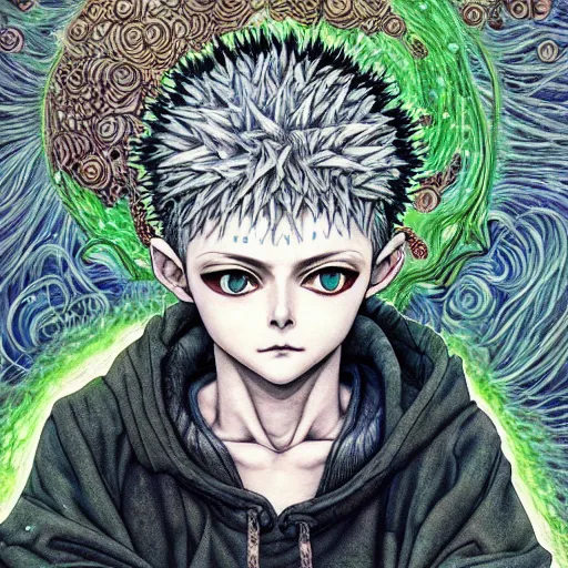 Image similar to beautiful portrait of killua zoldyck painted in jacek yerka aykut aydogdu and leslie zhang style drawn by vania zouravliov and takato yamamoto, inspired by cyberpunk, intricate acrylic gouache painting, high detail, sharp high detail, artstation, manga and anime