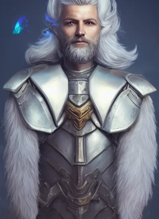 Prompt: an epic fantastic realism comic book style portrait painting of an aasimar paladin, male, angel wings on back, silver hair, short brown beard, d & d concept art, unreal 5, daz, teal aesthetic, octane render, cosplay, rpg portrait, dynamic lighting