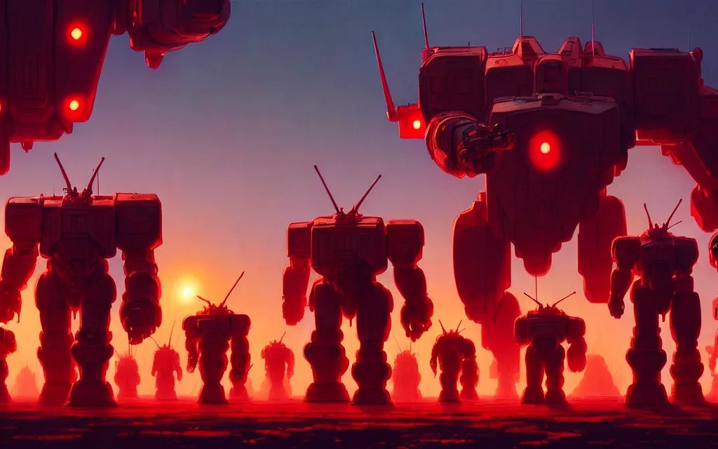 Image similar to a cinematic scene of marching red colossal mechs going to war by moebius and stephan martiniere and dan mumford, trending on artstation, digital art, 4 k resolution, detailed, high quality, sharp focus, hq artwork, insane detail, cinematic, volumetric lighting, dramatic lighting, epic light, cinematic aesthetic