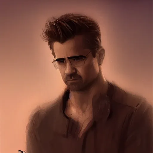 Image similar to “Portrait of Colin Farrell by Greg Rutkowski, young, attractive, highly detailed portrait, scifi, digital painting, artstation, concept art, smooth, sharp foccus ilustration, Artstation HQ”