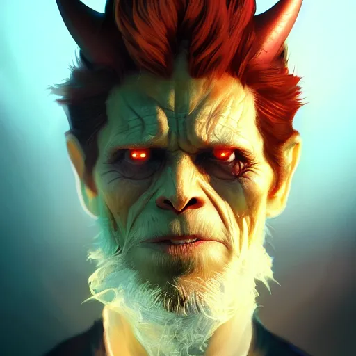 Image similar to Portrait of Willem Dafoe as the Devil, red skin, horns under his cheek, mattepainting concept Blizzard pixar maya engine on stylized background splash comics global illumination lighting artstation lois van baarle, ilya kuvshinov, rossdraws