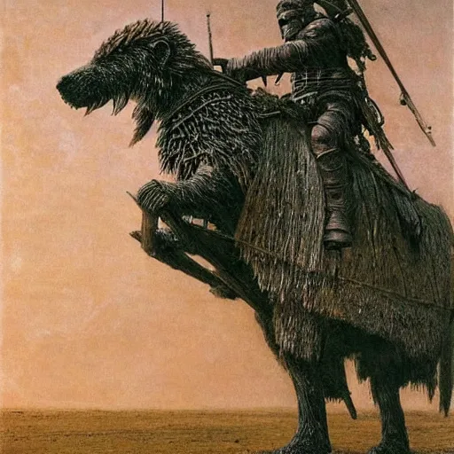 Image similar to winged hussar riding a war bear in armor, beksinski