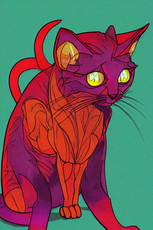 Image similar to demon cat, art by brian miller, colorful, illustration, highly detailed, simple, no jagged lines, smooth