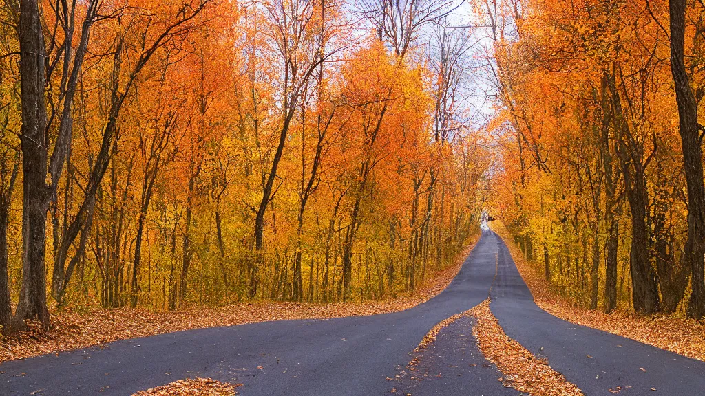 Image similar to a photograph of a country road lined on both sides by maple and poplar trees, in the autumn, red orange and yellow leaves, some leaves have fallen and are under the trees and on the road