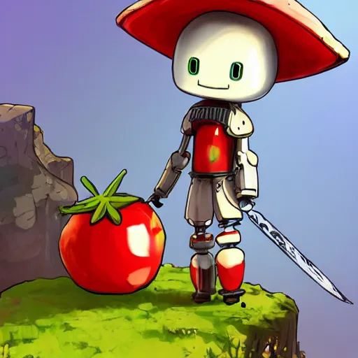 Image similar to cute little robot with tomato hat and a shive sword, made in abyss style, standing on a forest