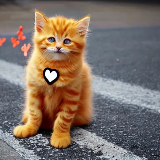 Image similar to cute fluffy orange tabby kitten with a sign that says