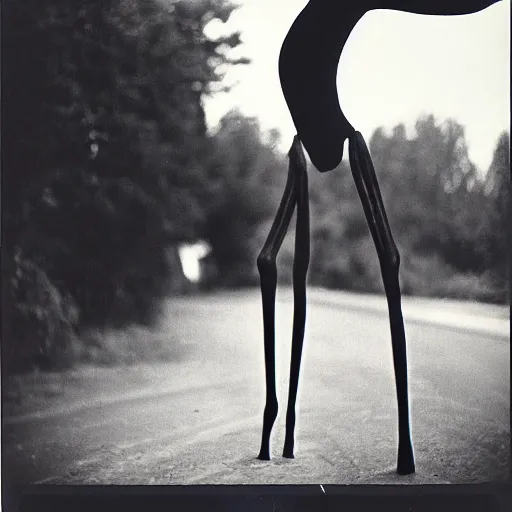 Image similar to an black and white photography of a tall skinny creature with a long neck, arms, and legs, covered in black substance, suburbs backround, 1 9 9 0, polaroid,