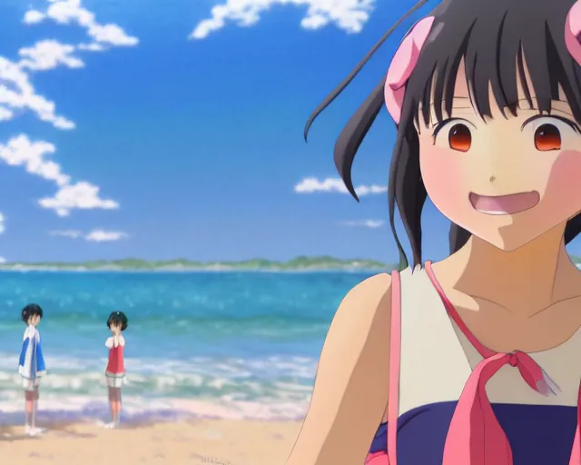 Image similar to anime fine details portrait of joyful girl at beach anime masterpiece by Studio Ghibli. 4k render.