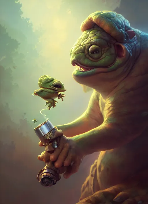 Image similar to cute kappa smoking a pipe, subsurface scattering, by jesper ejsing, justin gerard, tomasz alen kopera, cgsociety and fenghua zhong, highly detailed, rim light, cinematic lighting, illustration, art, octane render, very coherent, cinematic, hyper realism, high detail, octane render, 8 k