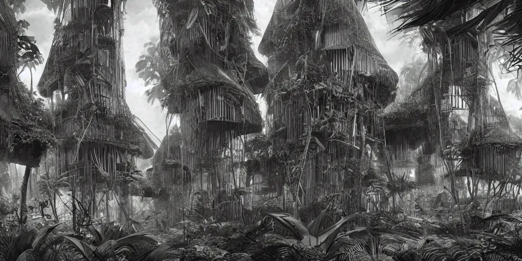 Image similar to long and tall organic houses, village, jungle, black and white, year 1 9 0 0, artstation, digital art