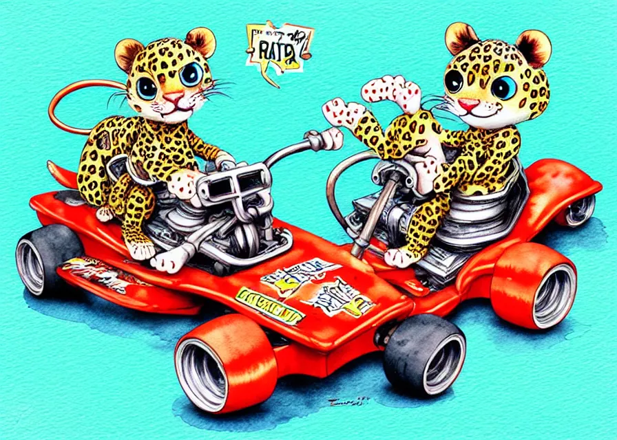 Image similar to cute and funny, baby leopard riding in a tiny go kart with oversized engine, ratfink style by ed roth, centered award winning watercolor pen illustration, isometric illustration by chihiro iwasaki, edited by range murata, tiny details by artgerm and watercolor girl, symmetrically isometrically centered