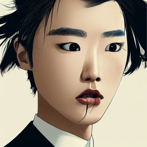 Image similar to portrait of a beautiful korean girl wearing a men's tuxedo, with short messy hair, men's haircut, angular features, angry expression, digital art, elegant pose, detailed illustration