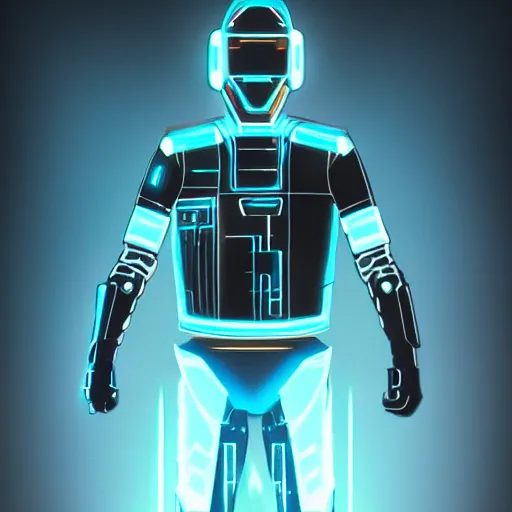 Image similar to Cowboy wearing an armor from the movie Tron Legacy, full body, synthwave background, digital painting, detailed, artstation, high quality, hyperrealism