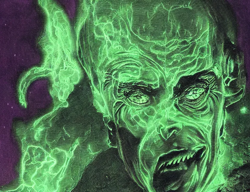 Prompt: a close - up view portrait of a silhouetted supernatural wizard in baroque neoclassicist halls with metallic alien technology. close - up view, detailed textures. glowing green purple fog, dark black background. highly detailed fantasy science fiction painting by moebius, norman rockwell, frank frazetta, and syd mead. rich colors, high contrast