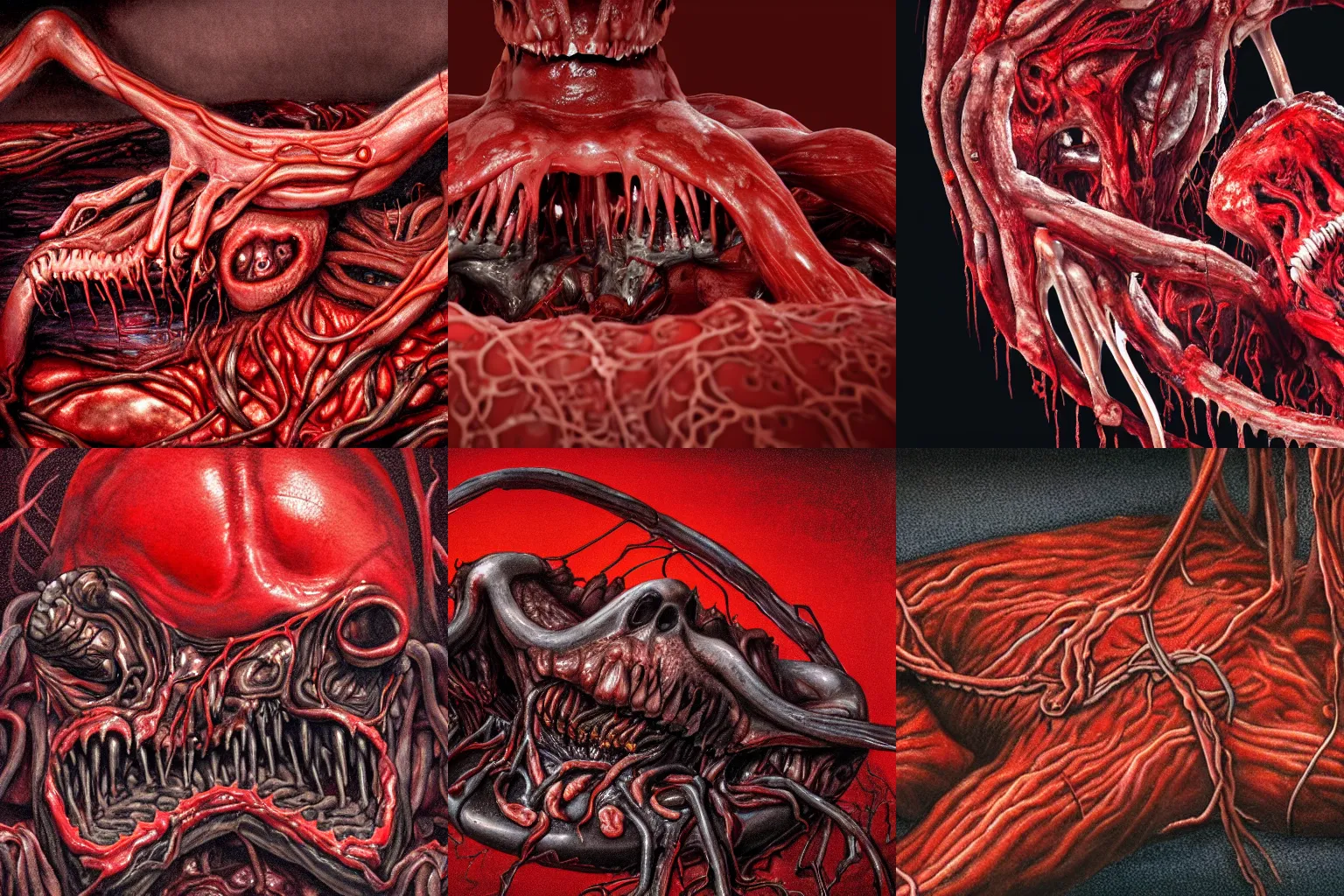 Prompt: a dark red gory structure of intertwined decaying muscles, animal limbs and jaws monstrously molten together, eyes, sharp teeth, and intestines lying in a pool of clotting blood and pus, slowly engulfing its surroundings with twitching veins and bloody intestines, dark hazy room, a high-quality photo, hyperrealistic, in color