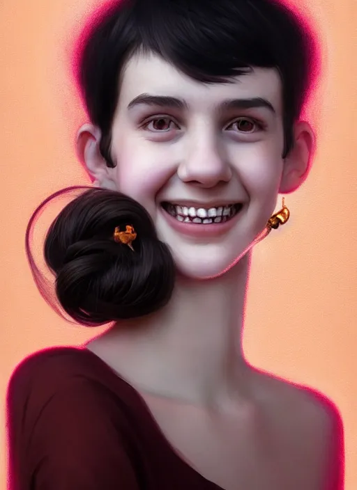 Image similar to portrait of white teenage girl, narrow face, short black hair, bangs, half updo hairstyle, buck toothed big smile, unattractive, defined jawline, long chin, wearing hair bow, earrings, intricate, elegant, glowing lights, highly detailed, digital painting, artstation, sharp focus, illustration, art by wlop, mars ravelo and greg rutkowski