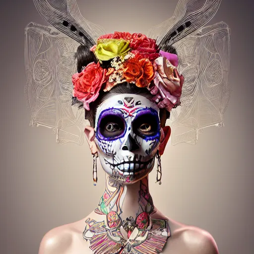 Image similar to the portrait of an absurdly beautiful, graceful, sophisticated, fashionable dia de los muertos gravure idol, an ultrafine hyperdetailed illustration by kim jung gi, irakli nadar, matt wisniewski, tribal makeup, intricate linework, iridescent wiring, porcelain skin, unreal engine 5 highly rendered, global illumination, radiant light, detailed and intricate environment