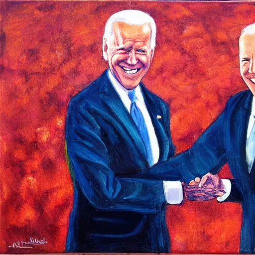 Prompt: Joe Biden shaking the hand of no one, colorful oil painting