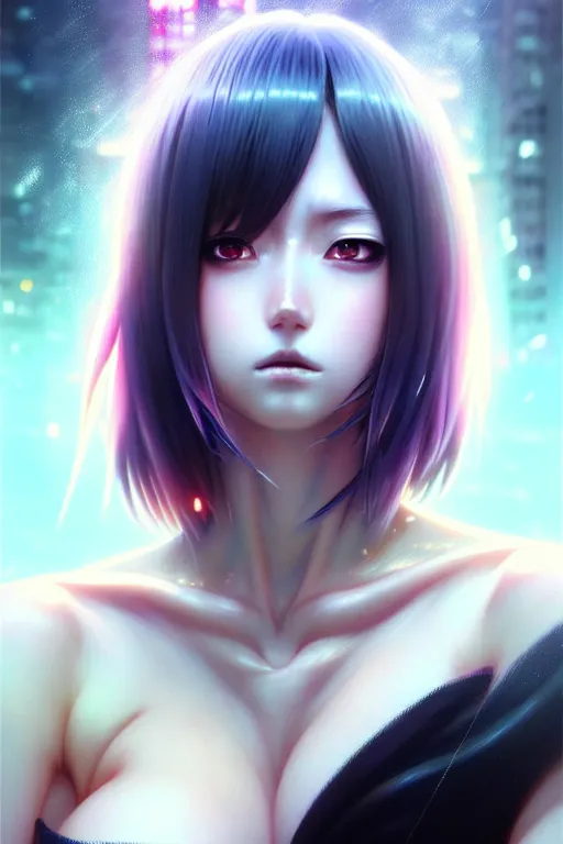 Image similar to ”ultra realistic, beautiful anime woman, modern, cyberpunk, intricate, elegant, super highly detailed, professional digital painting, artstation, concept art, smooth, sharp focus, no blur, no dof, extreme illustration, 8k resolution, beautiful, cinematic, art by artgerm and greg rutkowski and eiichiro oda”