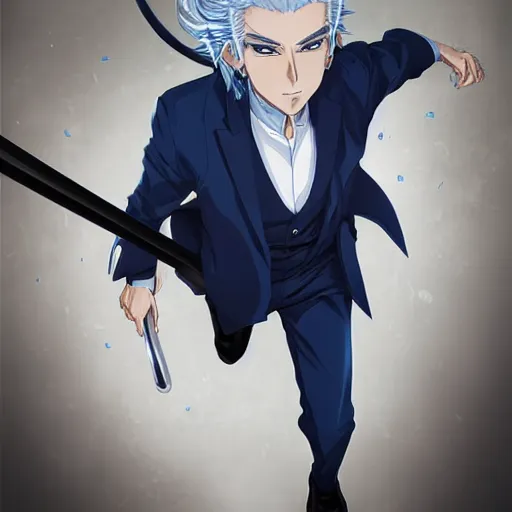 Prompt: semi realistic anime illustration of short slick backed white haired man, wearing dark blue suit, clutching black katana, with beautiful hyperdetailed sky blue eyes, facing camera directly, full body shot, full face portrait made by Stanley Artgerm, WLOP, Rossdraws, James Jean Andrei Riabovitchev, Marc Simonetti, Yoshitaka Amano, Artstation