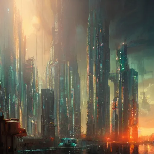 Prompt: cyberpunk city, sunset, gorgeous view, depth, painted by seb mckinnon, high detail, digital art, painted by greg rutkowski, trending on artstation