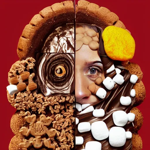 Image similar to drew barrymore in a smore, chocolate, marshmallow graham cracker, bionix scifi alexandre ferra, digital painting by arcimboldo