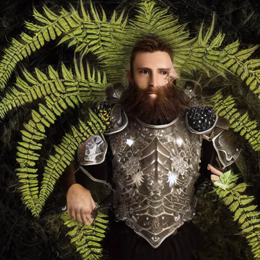 Prompt: a male knight with beard, stern face, clear eyes, shining armour made of steel, and fractal hair, fighting the darkness in a fractal garden, glowing delicate flower, berries and ferns that grow in a dark flowering fantasy forest, full frame,