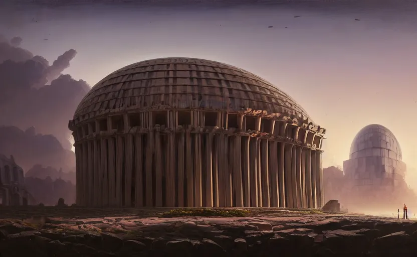 Prompt: exterior shot of utopian ancient roman architecture with cinematic lighting by zaha hadid peter zumthor and renzo piano and frank gehry, darek zabrocki and greg ruthkowski, simon stalenhag, cinematic, holy place, paradise, scifi, futurism, atmospheric, concept art, artstation, trending on artstation