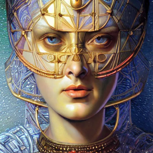 Prompt: baroque neoclassicist close - up renaissance portrait of a primitive art deco android priestess, glowing eyes. reflective detailed textures, highly detailed fantasy science fiction painting by moebius, norman rockwell and saturno butto and syd mead. elaborate geometric ornament, rich colors, high contrast. artstation